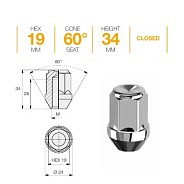 Гайка M14x1.5 L34 H19 Zn конус Ellis N19ECN34C