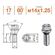 Болт M14x1.25 S43 H17 Zn конус Farad N4BN4/S