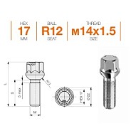 Болт M14x1.5 S40 H17 Zn сфера R12 Ellis B17ES240