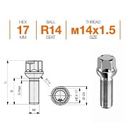 Болт M14x1.5 S40 H17 Zn сфера R14 Ellis B17ES440