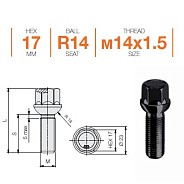 Болт M14x1.5 S50 H17 Bk сфера R14 Farad SZ7M/S/B