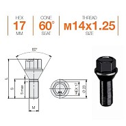 Болт M14x1.25 S30 H17 SB конус Ellis B17DCN30ST23