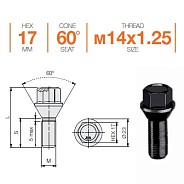 Болт M14x1.25 S50 H17 Bk конус Farad N6BN6/S/B