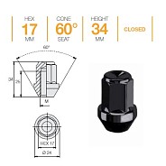 Гайка M12x1.25 L34 H17 SB конус Ellis N17ACN34CST08